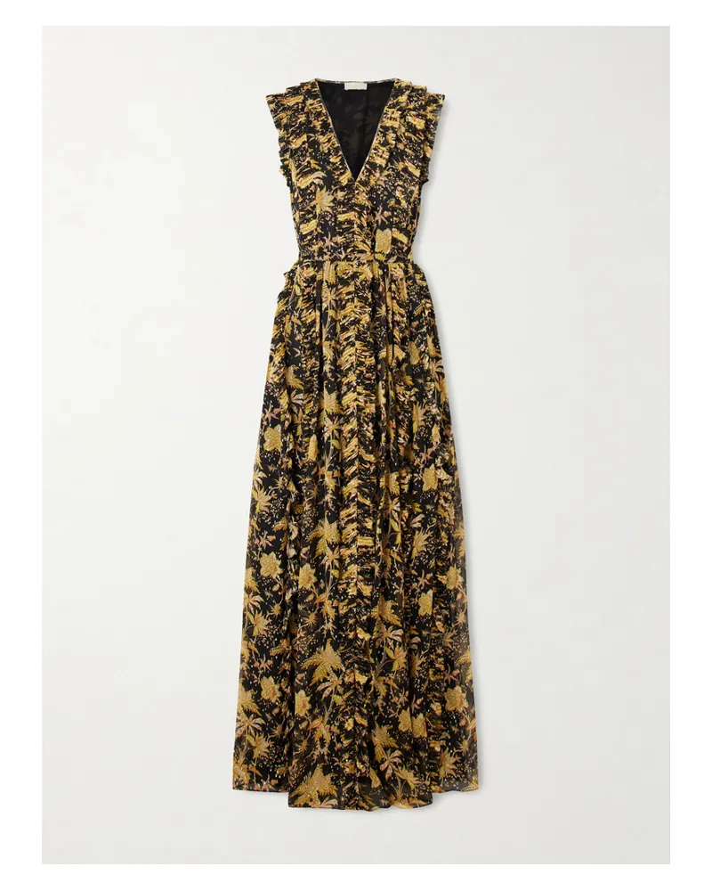 Ulla Johnson Aida Pleated Ruffled Floral-print Metallic Silk-chiffon Gown - Black Black