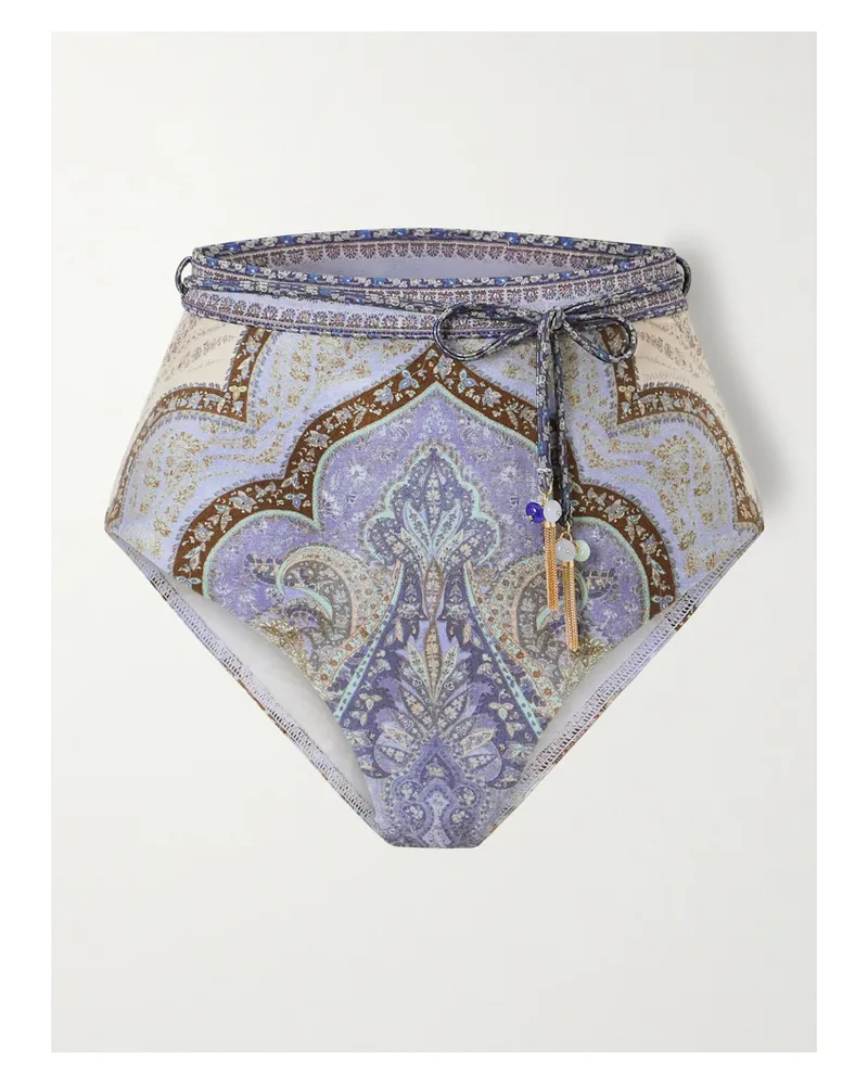 Zimmermann Wanderlust Belted Embellished Paisley-print Bikini Briefs - Blue Blue