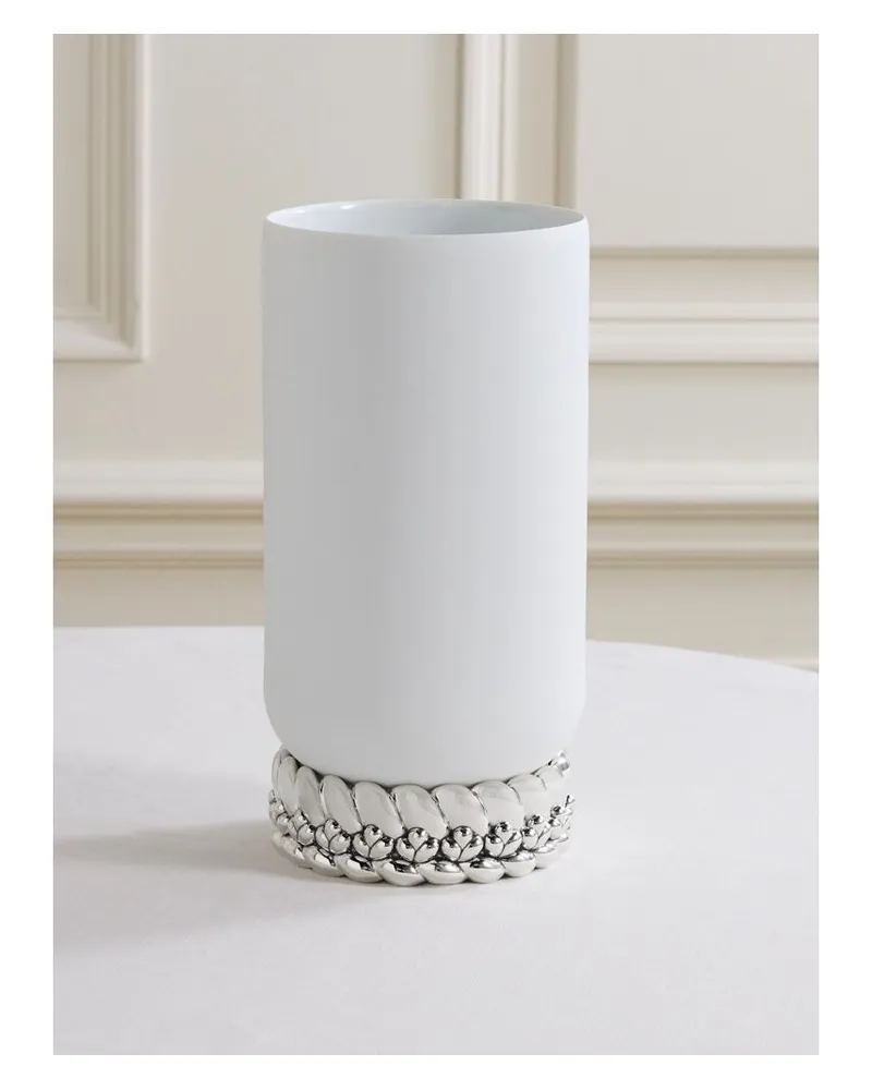 Christofle Babylone Große Vase Aus Porzellan Mit Versilberter Verzierung Silber