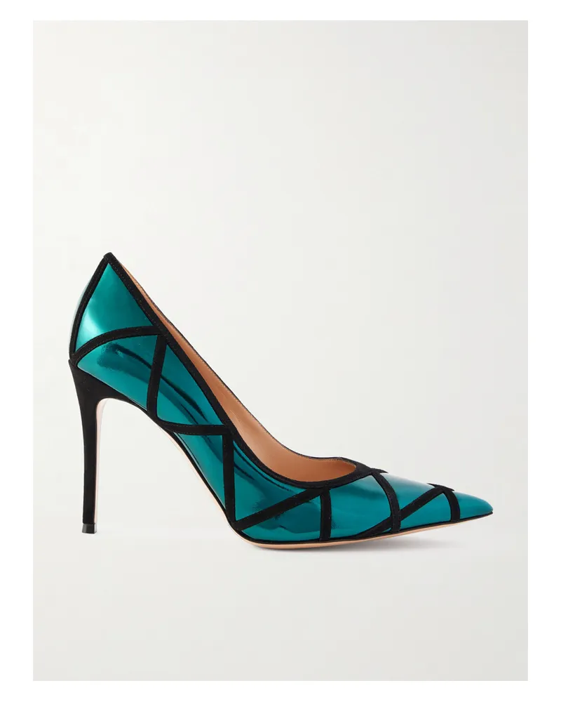 Gianvito Rossi 95 Suede-trimmed Mirrored-leather Pumps - Blue Blue