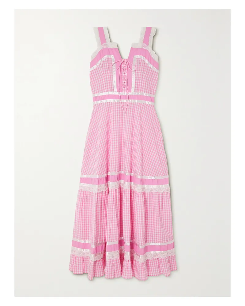 BATSHEVA Meadow Maxikleid Aus Baumwollpopeline Mit Gingham-karo Und Besätzen Aus Satin Und Spitze - Pink Pink