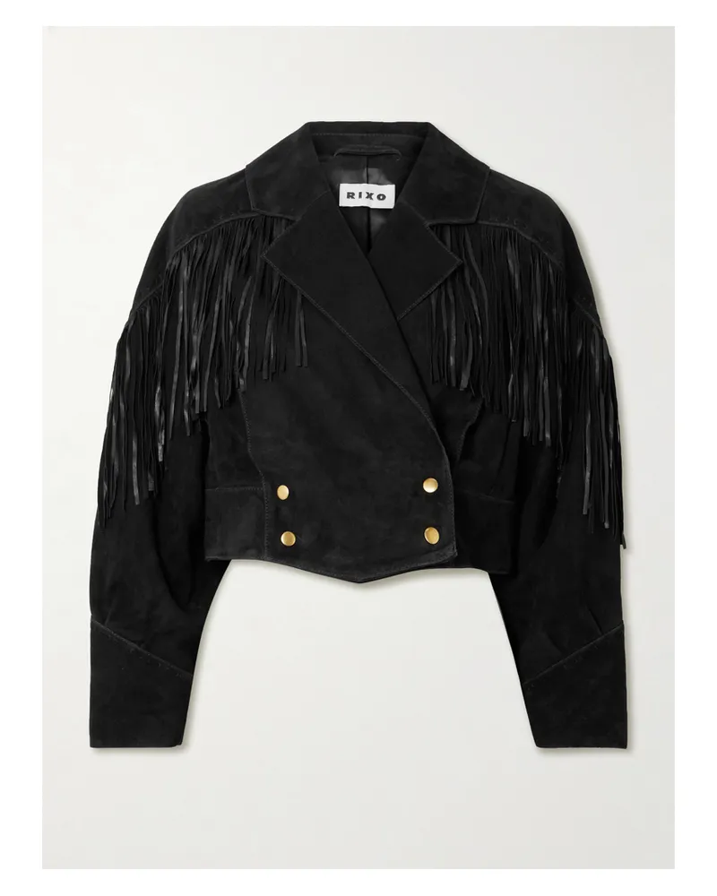 RIXO Darragh Fringed Double-breasted Suede Jacket - Black Black