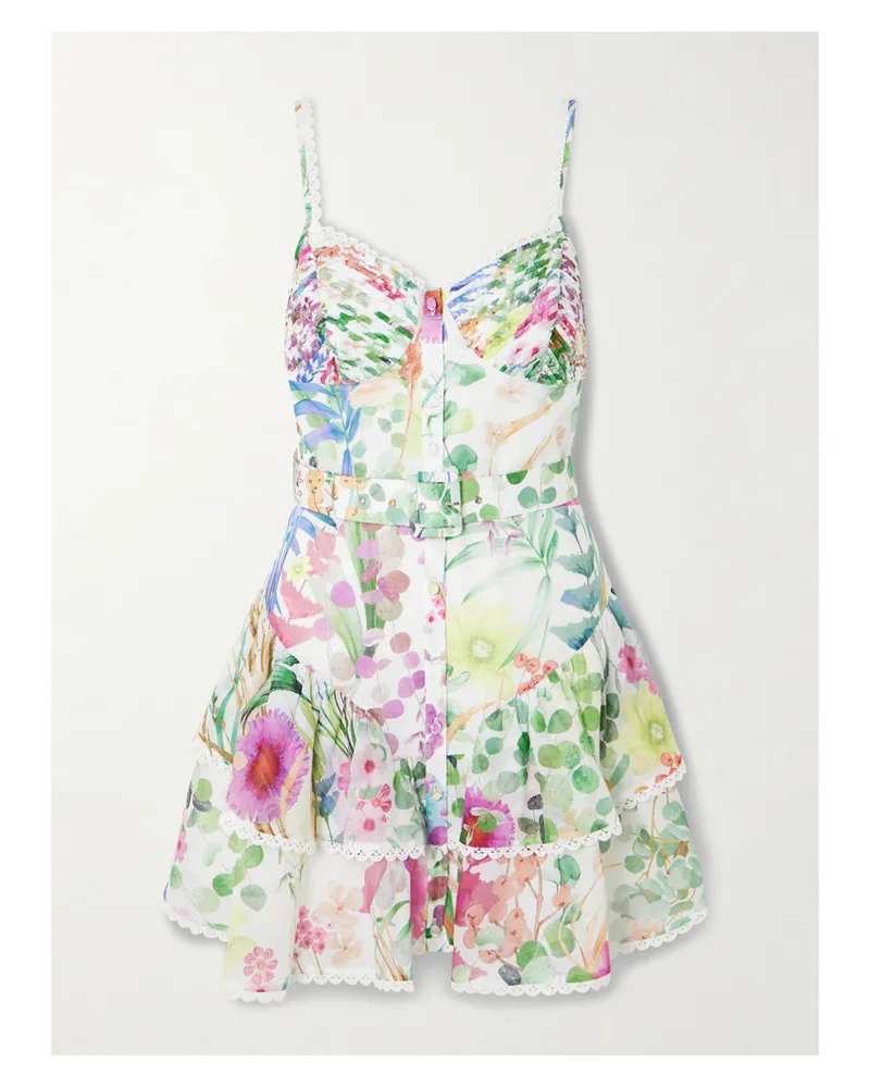 Charo Ruiz Nayade Belted Pleated Floral-print Cotton-blend Voile Mini Dress - White White