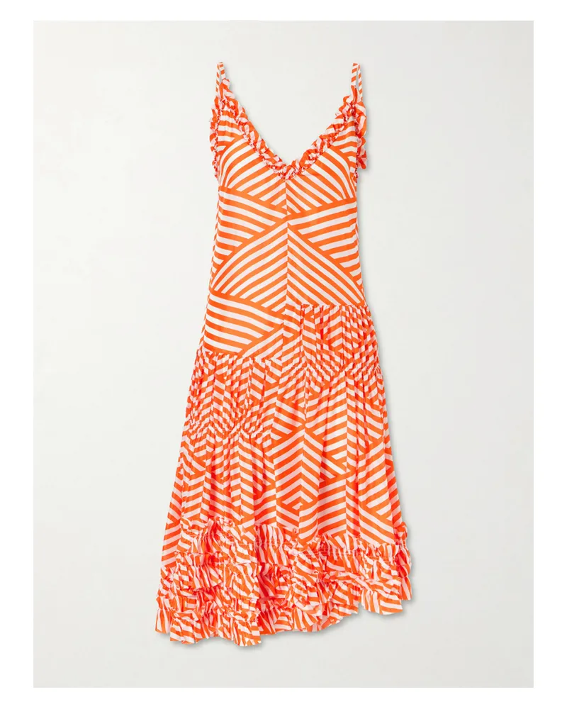 Dries van Noten Demi Ruffled Asymmetric Striped Cotton Midi Dress - Orange Orange