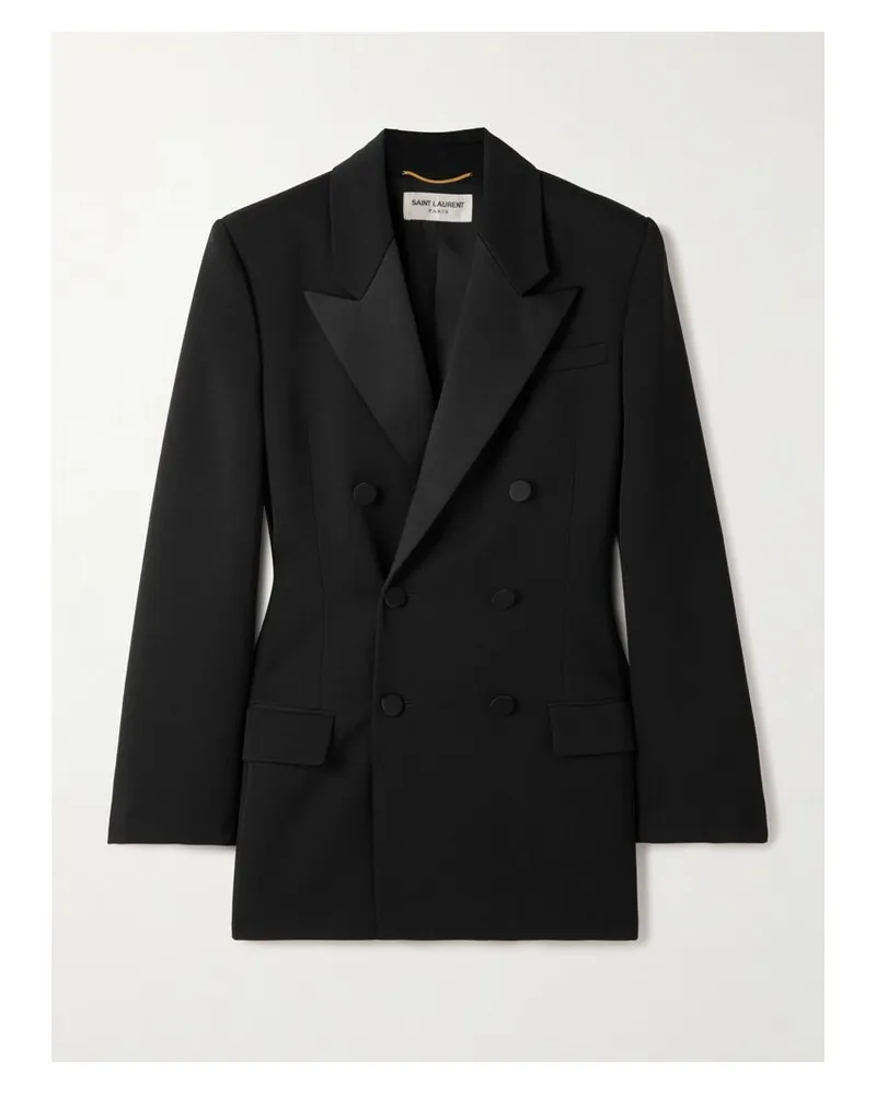 Saint Laurent Doppelreihiger Blazer Aus Grain De Poudre Aus Wolle Mit Besatz Aus Twill - Schwarz Schwarz