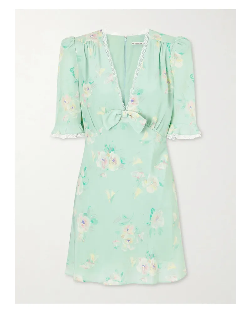 Alessandra Rich Floral-print Lace-trimmed Bow-embellished Silk Mini Dress - Green Green