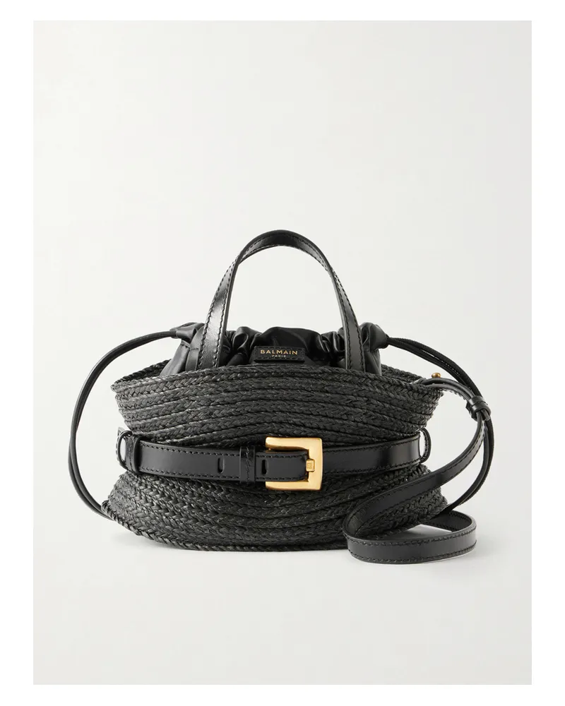 Balmain Shuffle Mini Buckled Leather-trimmed Raffia Shoulder Bag - Black Black