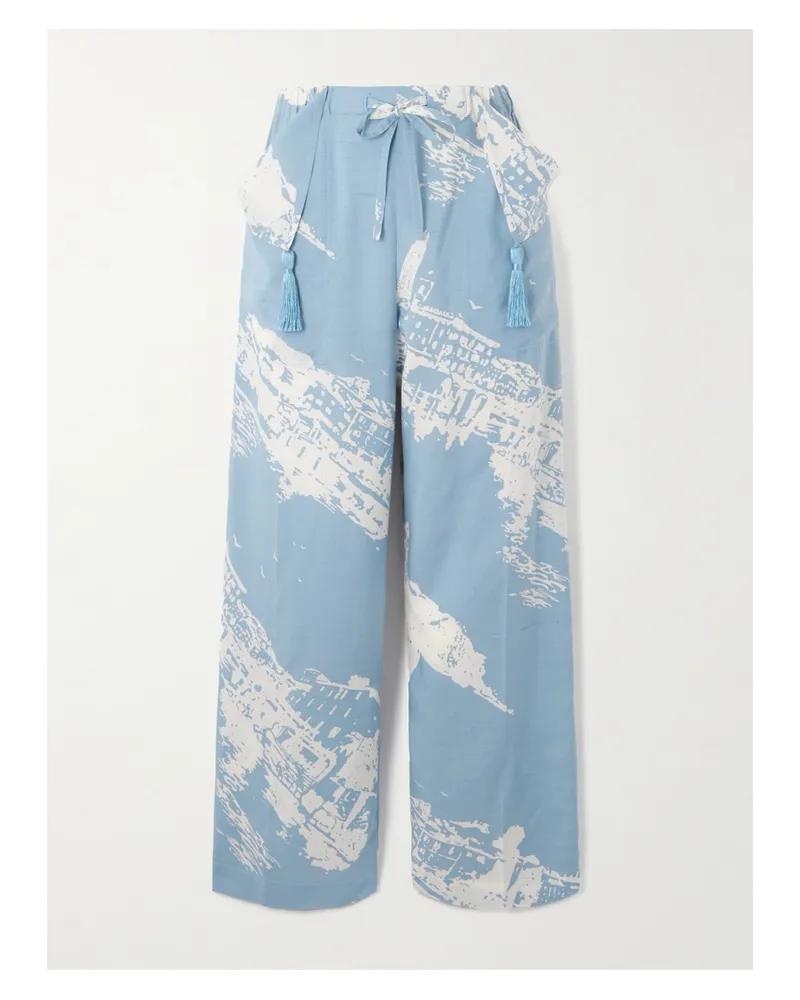 Bottega Veneta Printed Silk And Cotton-blend Shantung Wide-leg Pants - Blue Blue