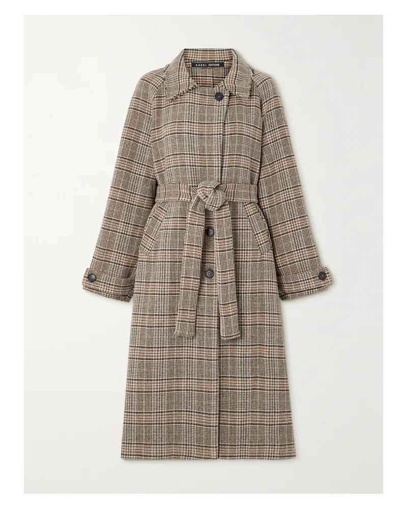 KASSL Mantel Aus Einer Karierten Wollmischung Mit Distressed-details Und Bindegürtel - Braun Braun