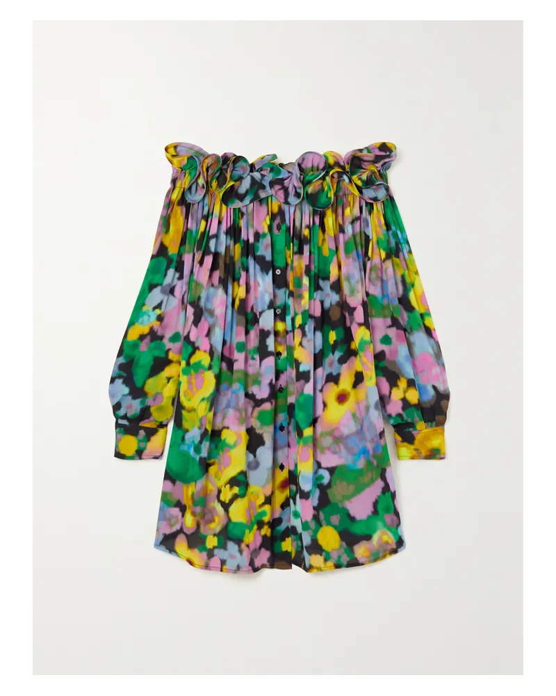 AZ FACTORY Lutz Huelle Theodora Schulterfreies Minikleid Aus Crêpe De Chine Mit Rüschen Und Blumenprint - Schwarz Schwarz