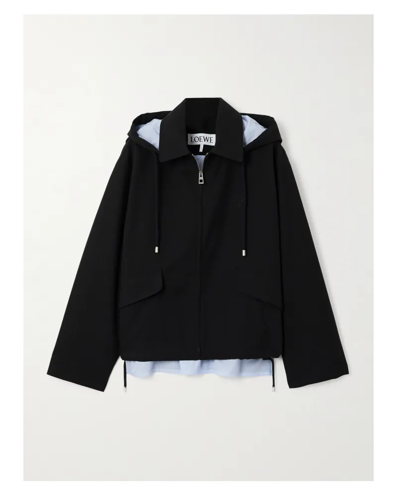 Loewe Jacke Aus Baumwoll-twill Mit Einsatz Aus Gestreifter Popeline, Kapuze Und Stickerei - Schwarz Schwarz