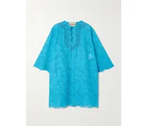 Tie-detailed Broderie Anglaise Cotton Mini Dress - Blue