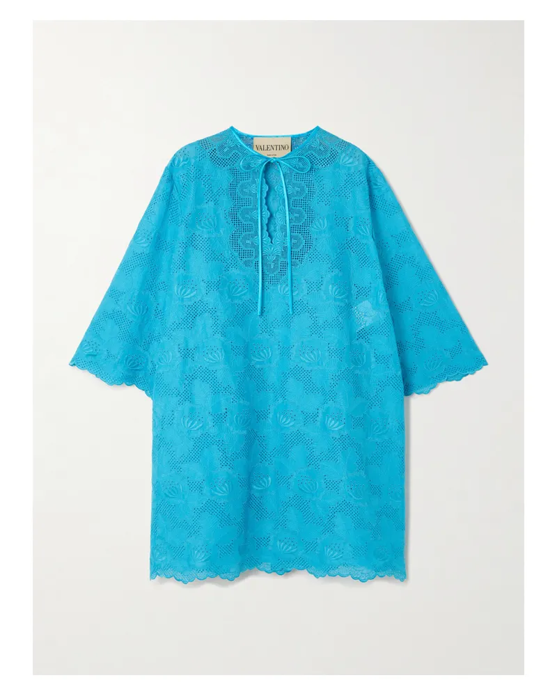 Valentino Garavani Tie-detailed Broderie Anglaise Cotton Mini Dress - Blue Blue