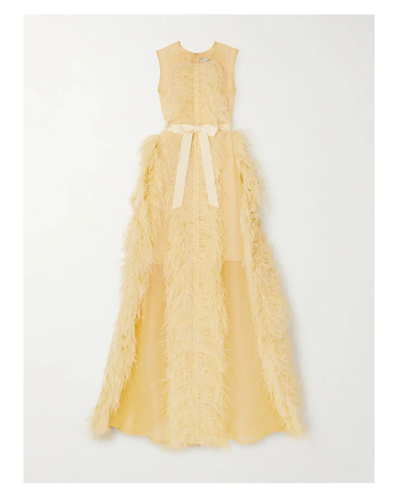 Huishan Zhang Beau Robe Aus Seidenorganza Mit Federn Und Ripsbandbesätzen - Gelb Gelb