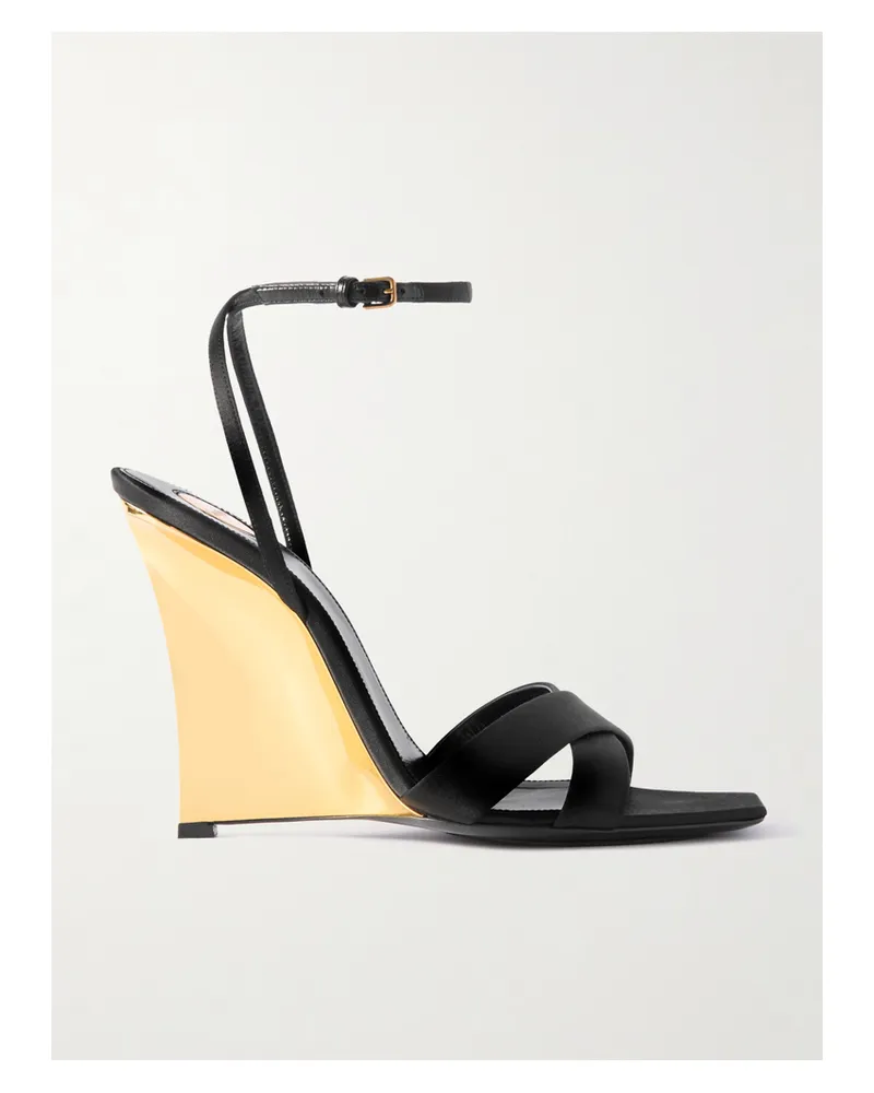 Saint Laurent Lucienne Leather-trimmed Satin Wedge Mules - Black Black