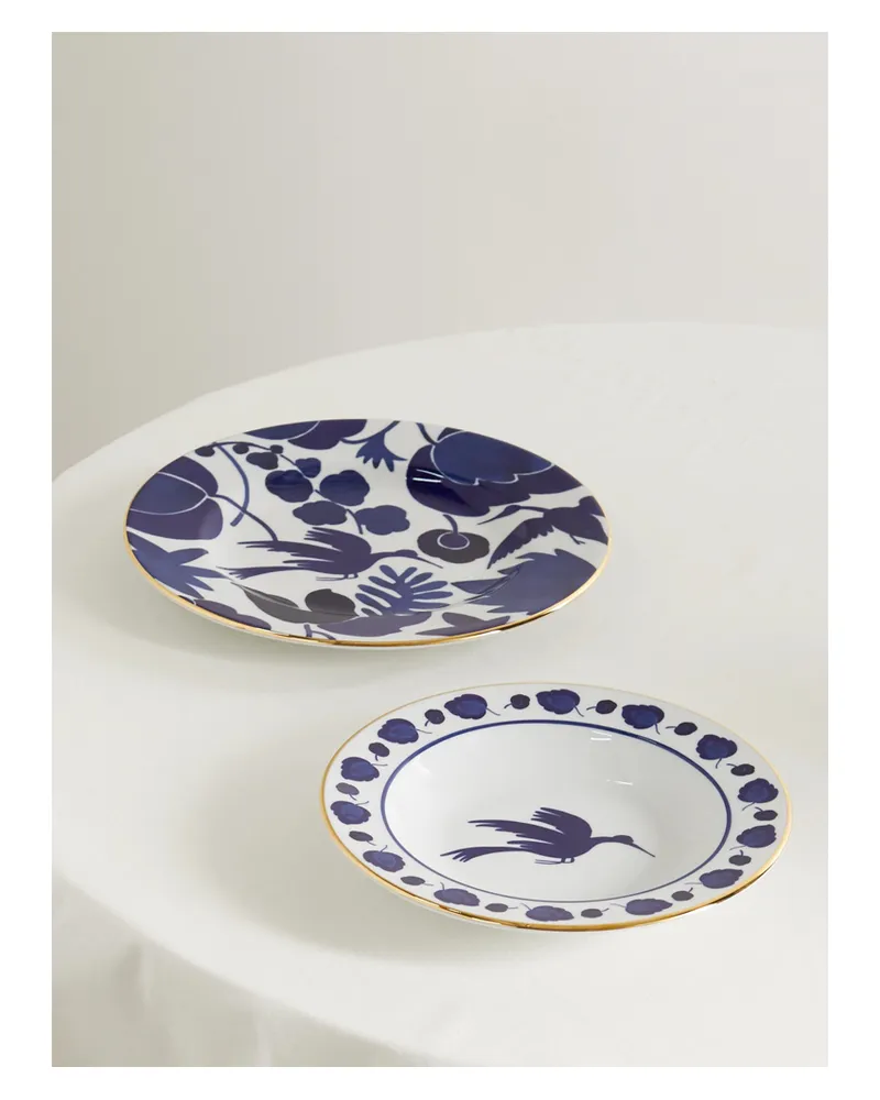 La DoubleJ Set Aus Zwei Tellern Aus Porzellan Mit Vergoldeten Details - Blau Blau