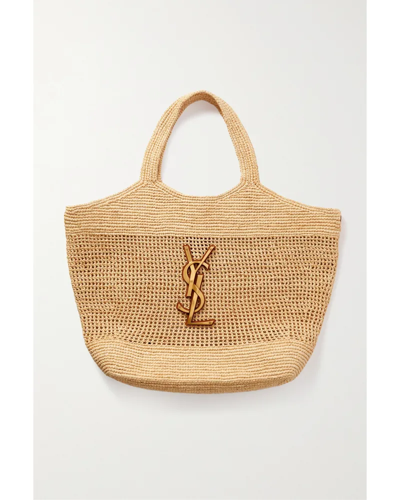 Saint Laurent Icare Maxi Embellished Leather-trimmed Raffia Tote - Neutrals Neutrals