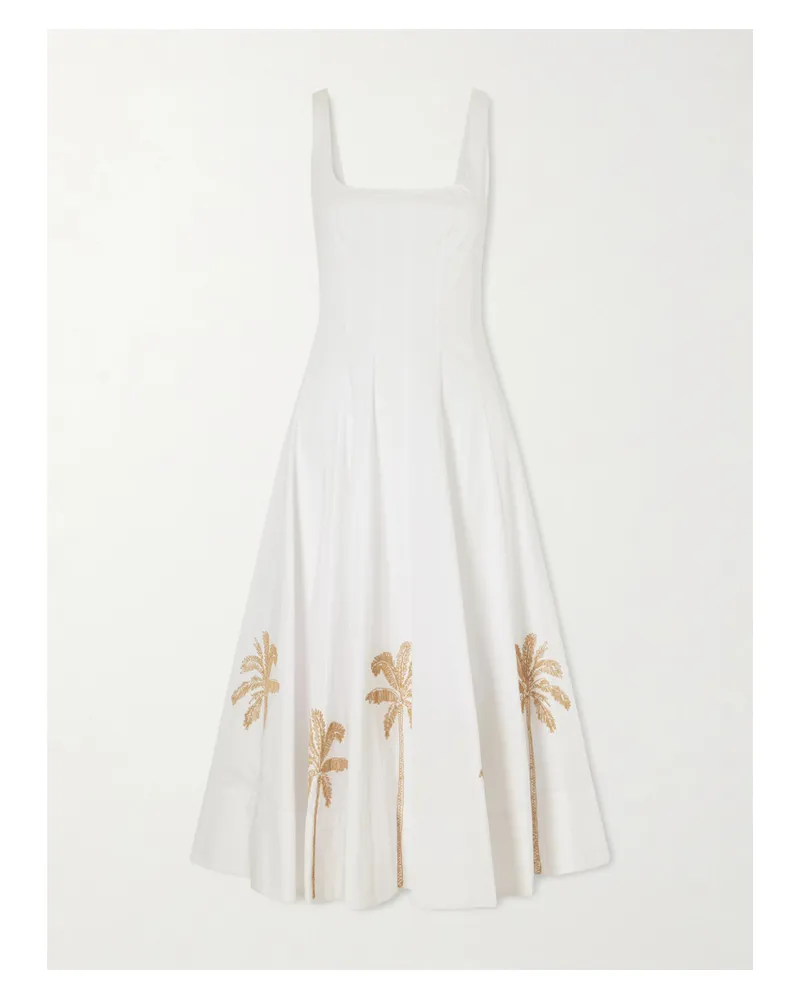 STAUD Wells Pleated Printed Cotton-blend Poplin Midi Dress - White White