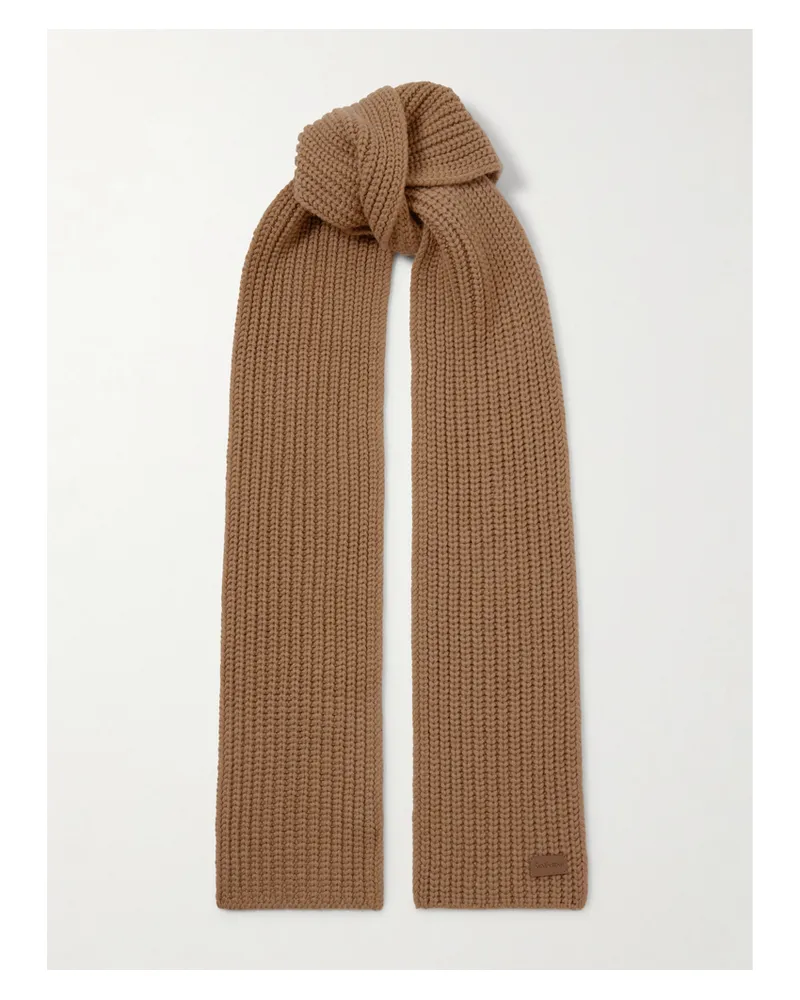 Saint Laurent Appliquéd Ribbed Cashmere Scarf - Brown Brown