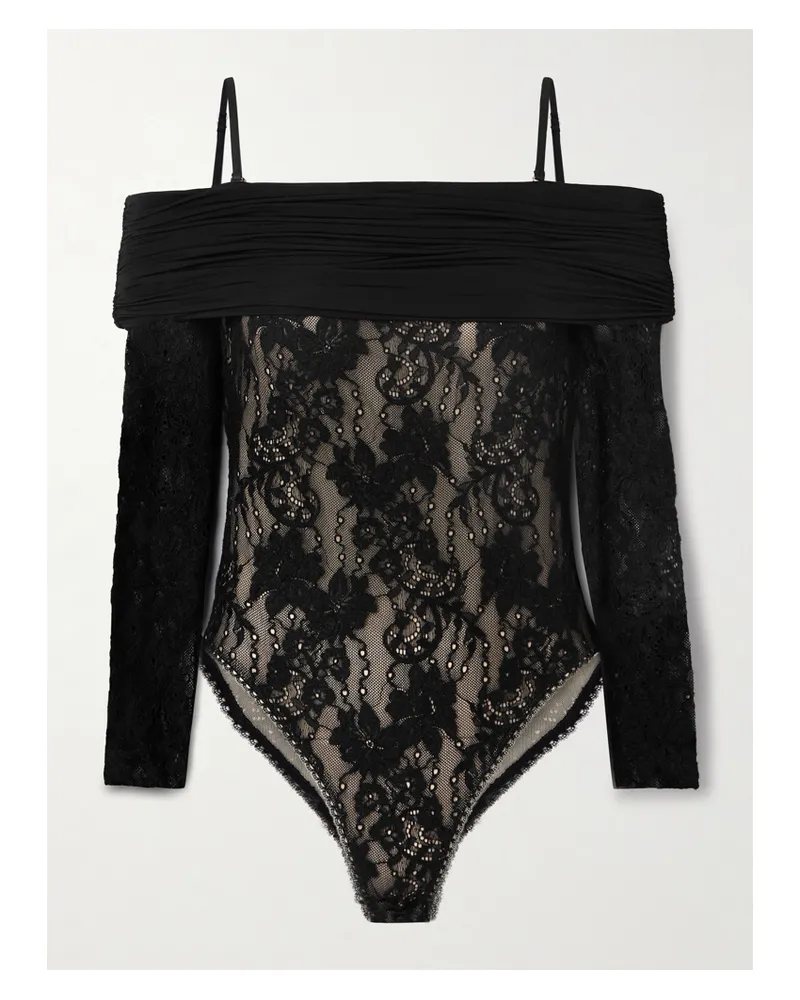 Zimmermann Off-the-shoulder Ruched Jersey And Stretch-lace Bodysuit - Black Black