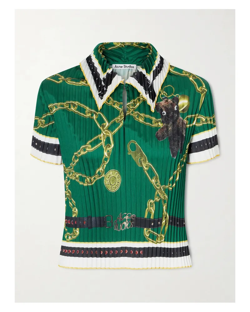 Acne Studios Syndia Polohemd Aus Plissiertem Twill Mit Print - Grün Grün