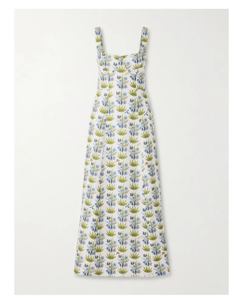 Emporio Sirenuse Azzurra Celestine Open-back Floral-print Linen And Cotton-blend Midi Dress - Blue Blue