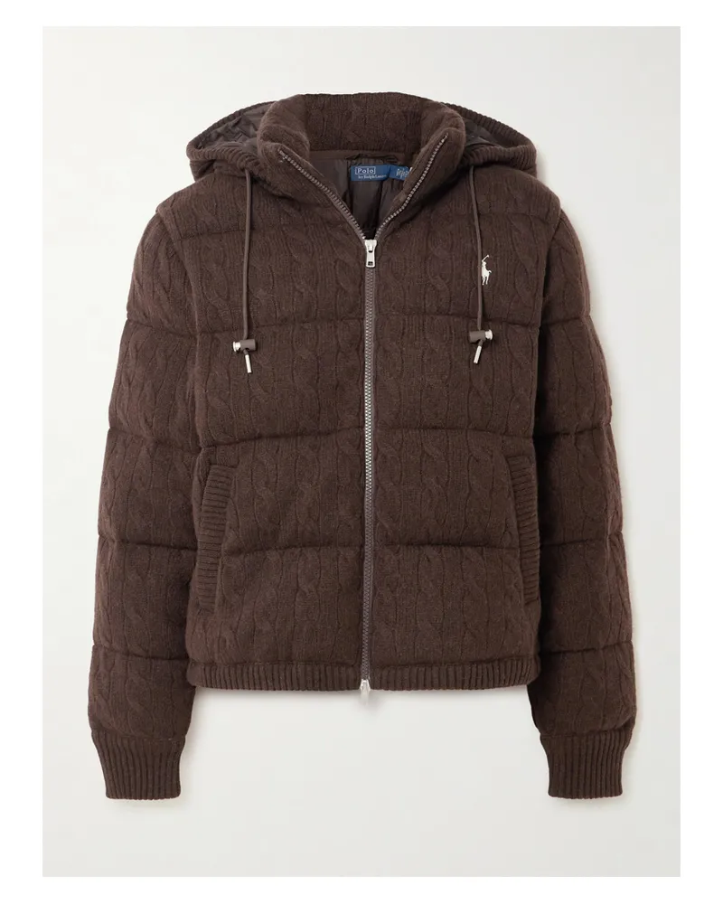 Ralph Lauren Hooded Padded Quilted Cable-knit Wool And Cashmere-blend Coat - Brown Brown