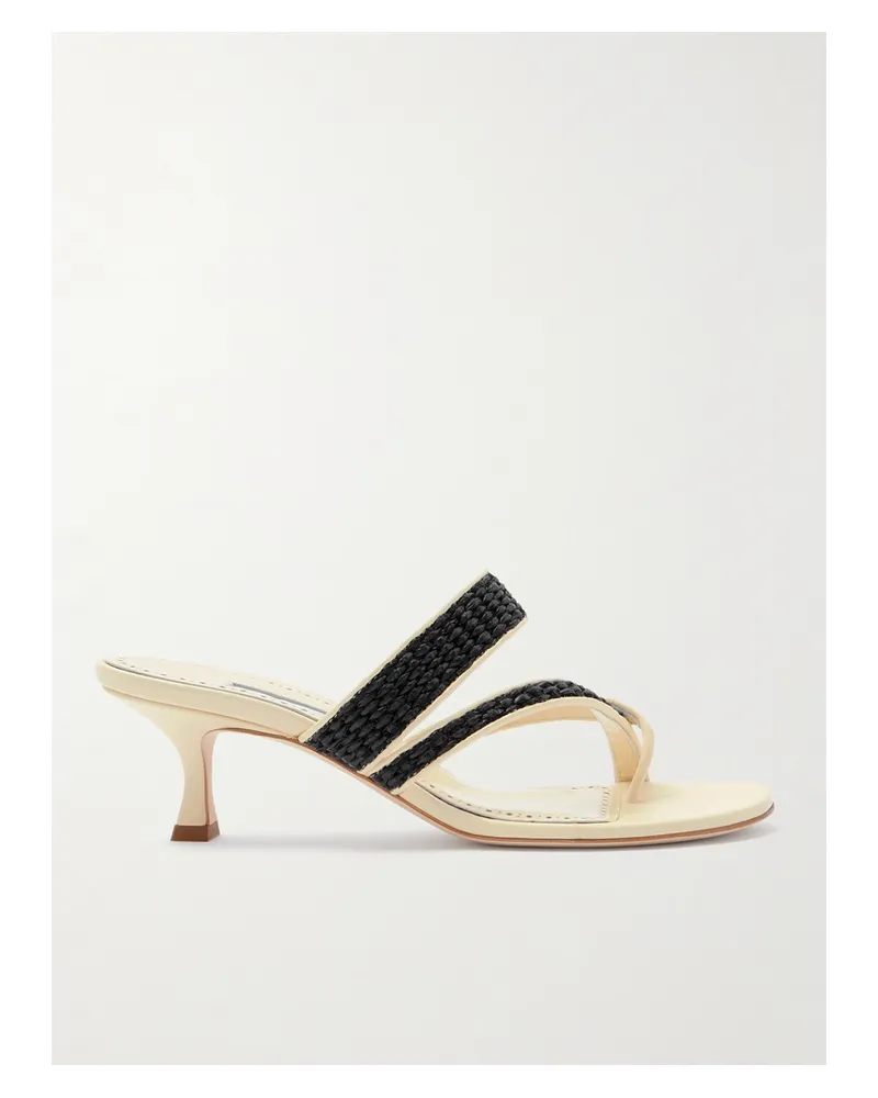Manolo Blahnik Susa 50 Raffia-trimmed Leather Mules - Black Black
