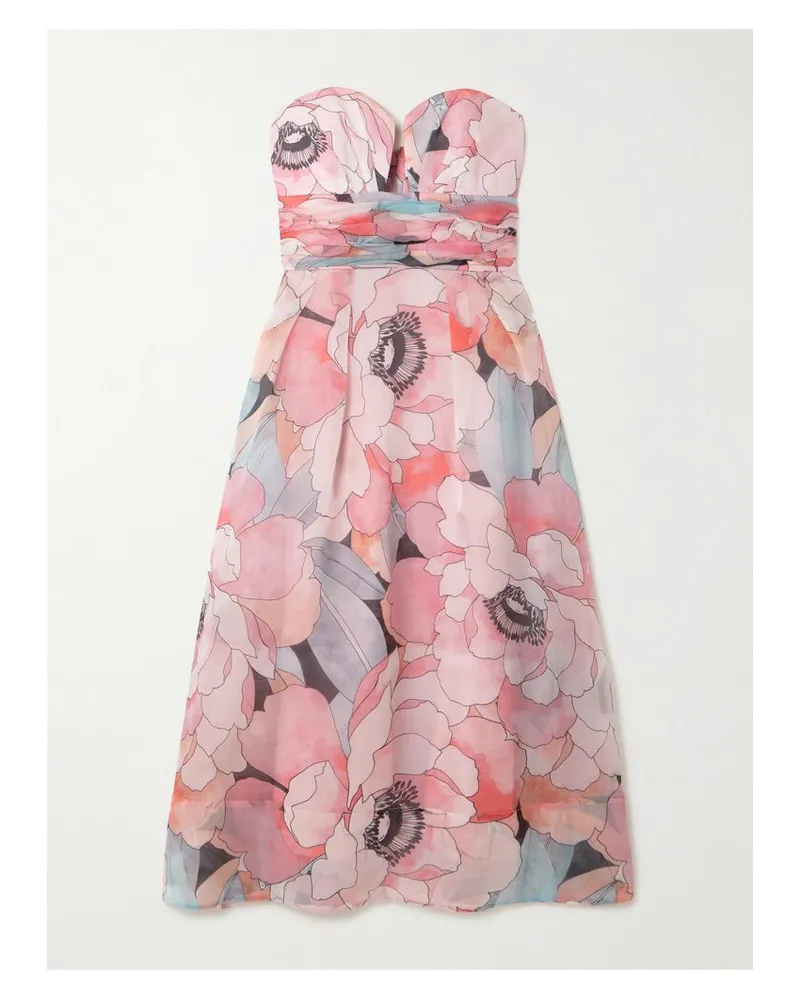 Rebecca Vallance Trägerloses Midikleid Aus Seidenorganza Mit Blumenprint Und Falten - Pink Pink