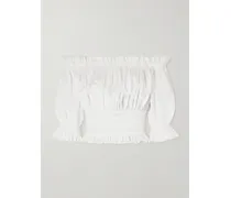 Off-the-shoulder Lace-trimmed Shirred Cotton-blend Poplin Top - White