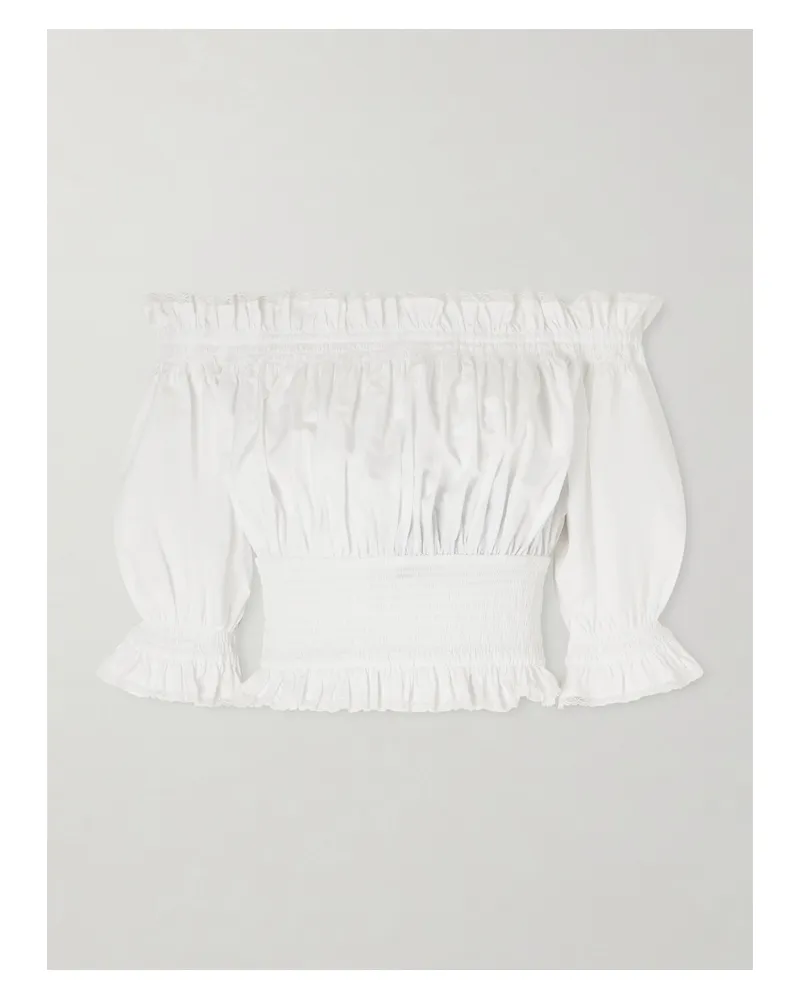 Dolce & Gabbana Off-the-shoulder Lace-trimmed Shirred Cotton-blend Poplin Top - White White