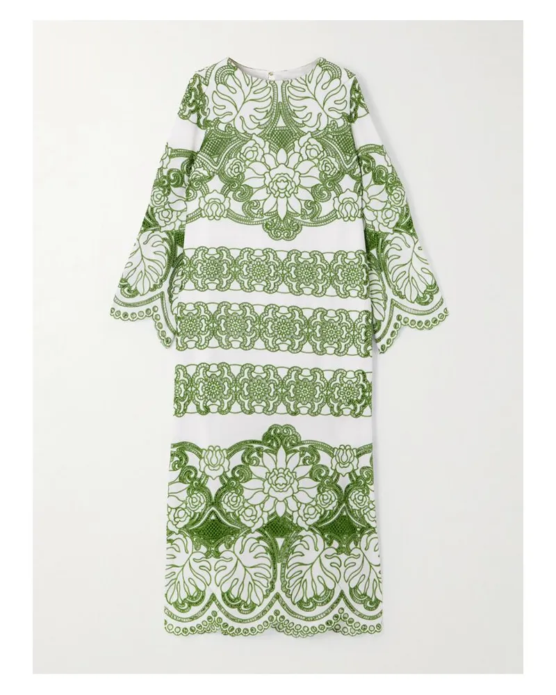 Borgo De Nor Seraphina Midikleid Aus Baumwollpopeline Mit Lochstickerei Und Wellenkanten - Grün Grün