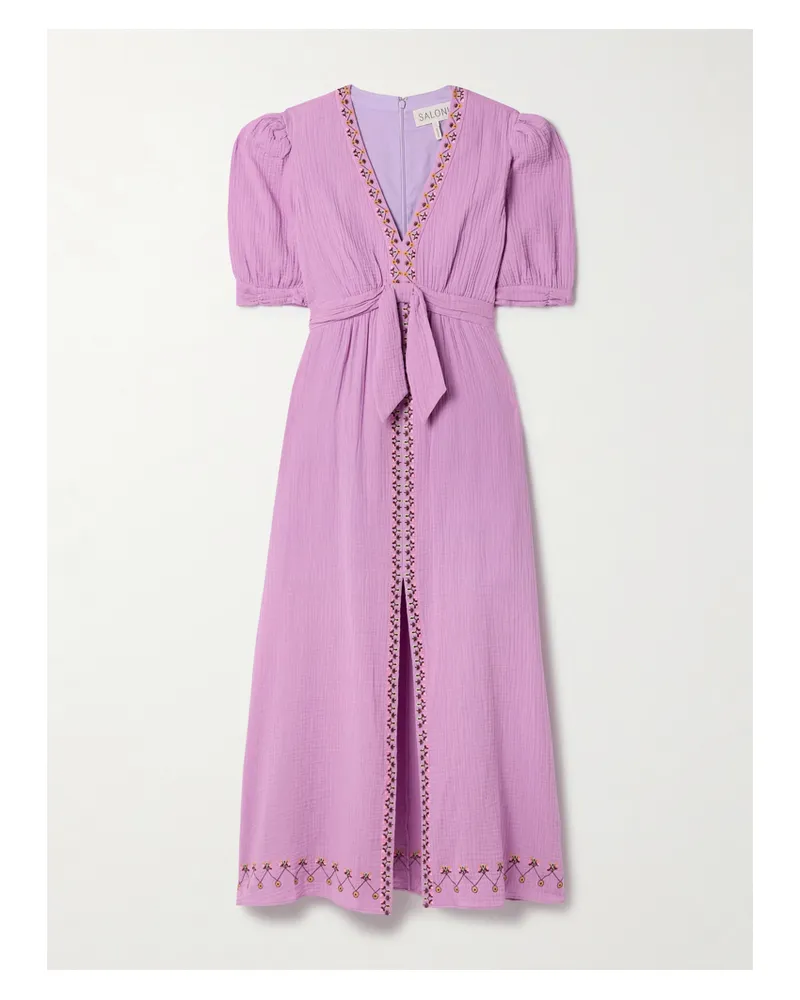 Saloni Jamie Midikleid Aus Baumwoll-seersucker Mit Stickereien Zum Binden - Lila Lila