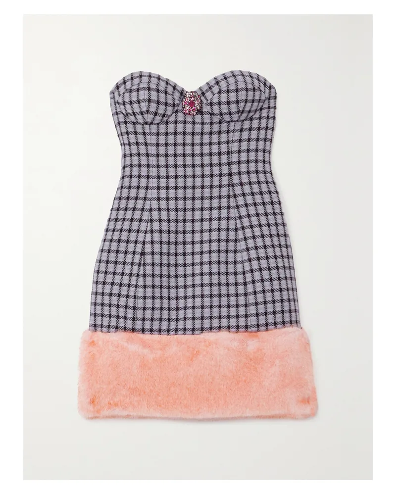 Area Trägerloses Minikleid Aus Einer Wollmischung Mit Hahnentrittmuster, Faux-fur-besatz Und Verzierung - Lila Lila