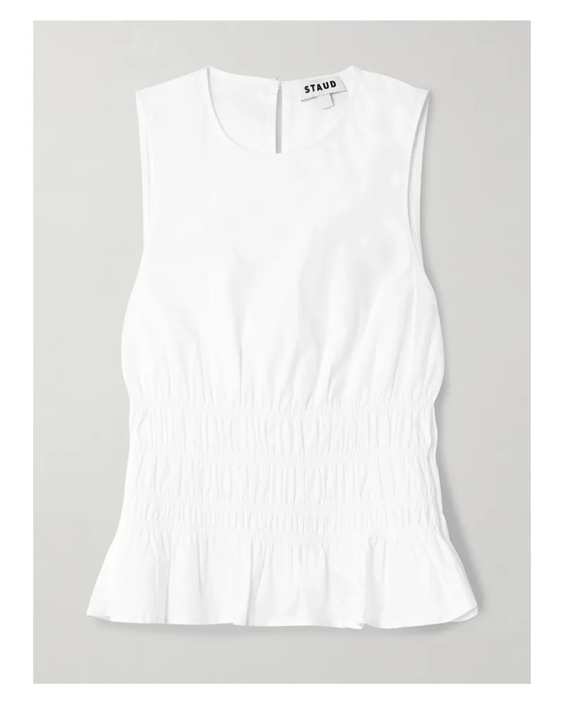 STAUD Culver Shirred Cotton-blend Poplin Peplum Top - White White