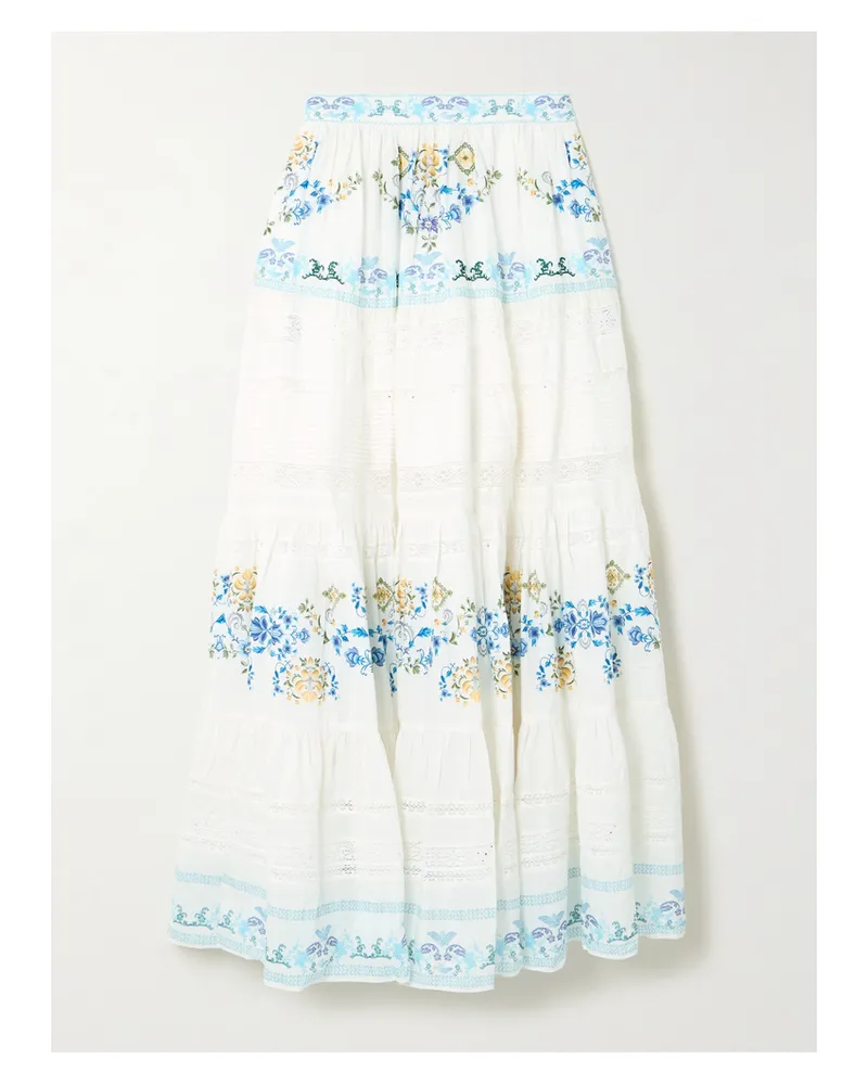 Camilla My Homespun Heart Lace-trimmed Embroidered Printed Tiered Cotton And Silk-blend Maxi Skirt - White White