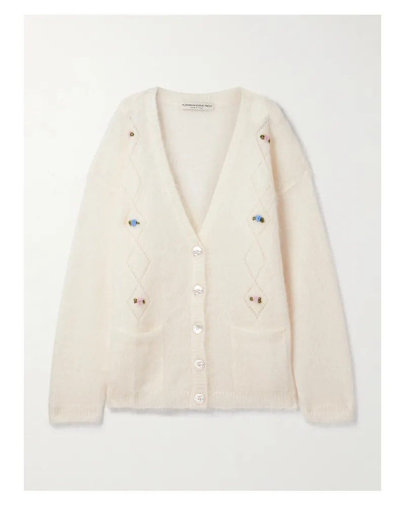 Alessandra Rich Cardigan Aus Einer Mohairmischung In Pointelle-strick Mit Stickereien - Weiß Weiß