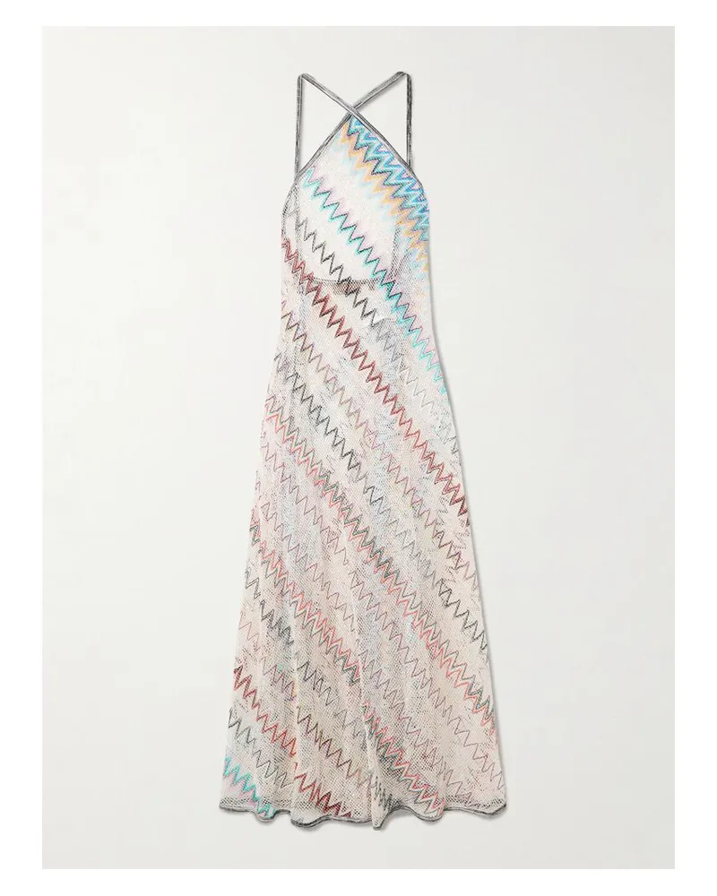 Missoni Mare Neckholder-maxileid Aus Gestreiftem Metallic-häkelstrick - Weiß Weiß