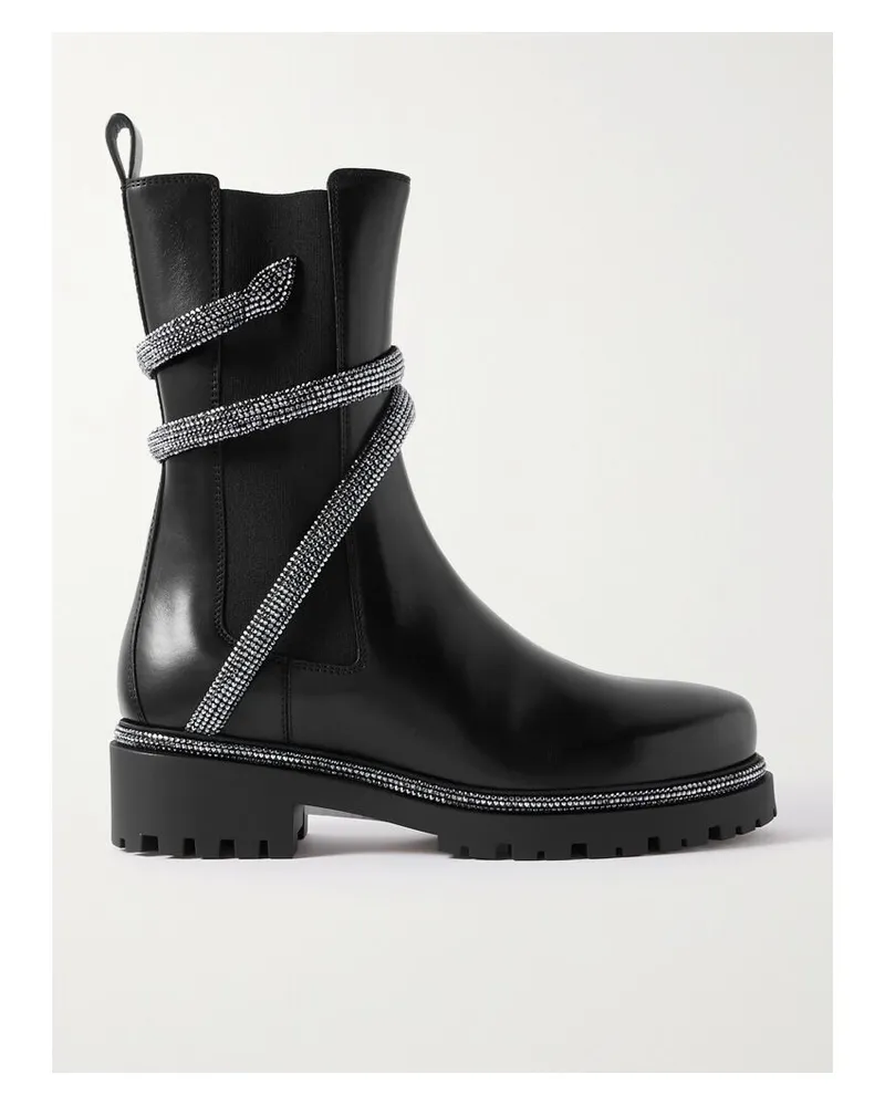 René Caovilla Cleo Chelsea Boots Aus Leder Mit Kristallen - Schwarz Schwarz
