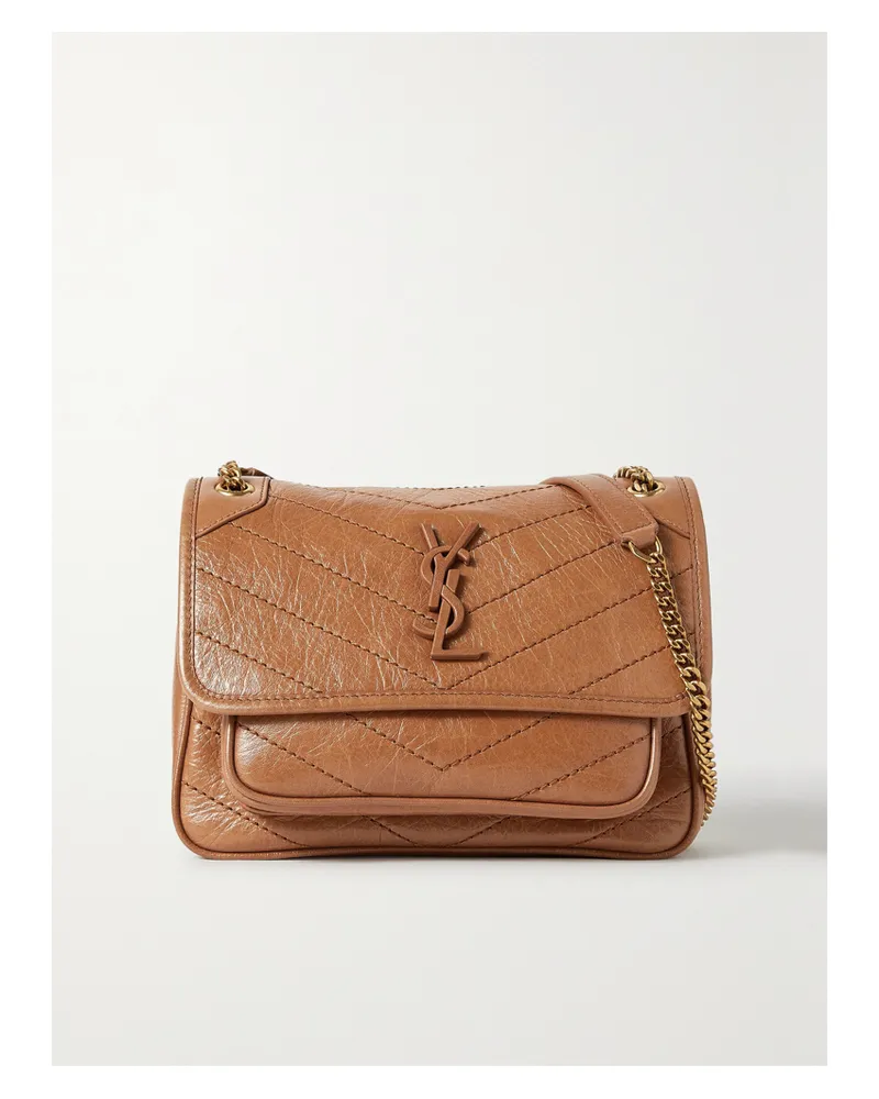 Saint Laurent Niki Baby Medium Quilted Crinkled-leather Shoulder Bag - Brown Brown