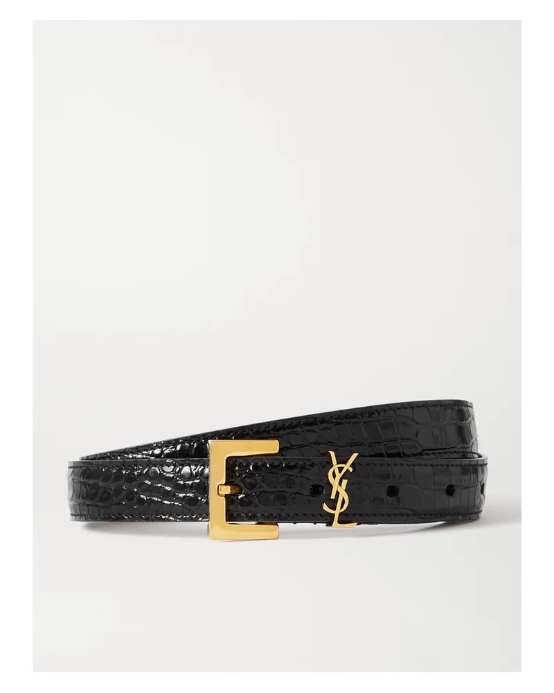 Saint Laurent Cassandre Embellished Croc-effect Leather Belt - Black Black