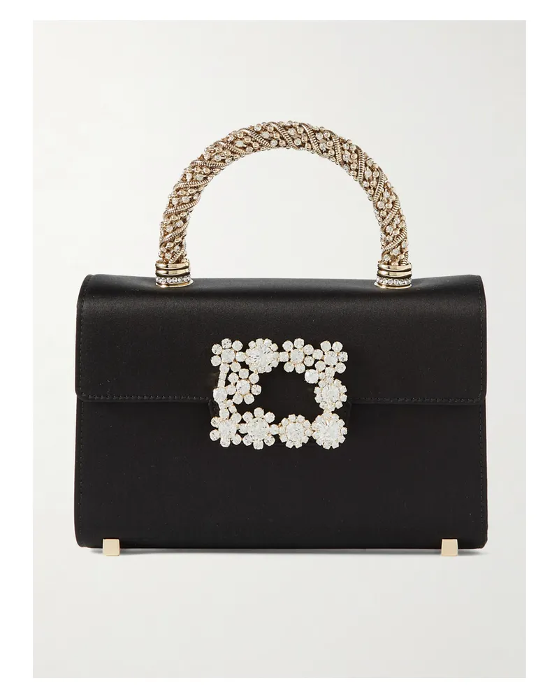 Roger Vivier Flower Crystal-embellished Satin Clutch - Black Black