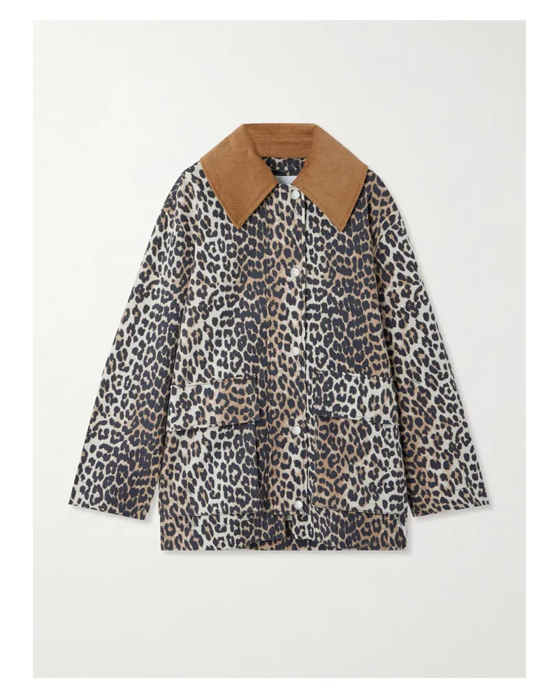 Ganni Corduroy-trimmed Leopard-print Hemp And Organic Cotton-blend Canvas Jacket - Animal print Animal