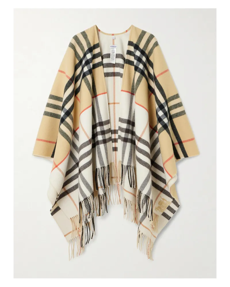 Burberry Oversized Fringed Checked Cashmere And Wool-blend Cape - Neutrals Neutrals