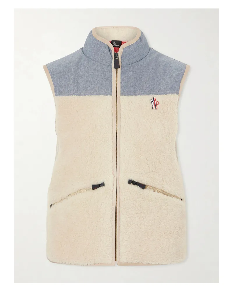 Moncler Embroidered Cotton-blend And Shell-trimmed Plush Vest - Neutrals Neutrals