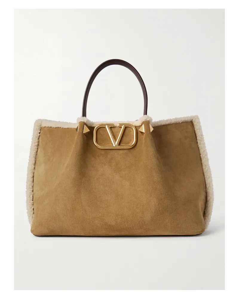 Valentino Garavani Vlogo Mittelgroße Schultertasche Aus Veloursleder Mit Lederbesätzen Und Verzierungen - Braun Braun