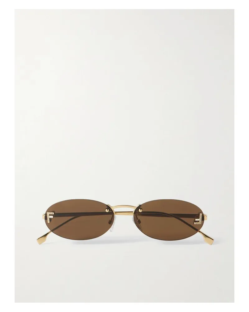 Fendi Rahmenlose, Goldfarbene Sonnenbrille Mit Ovalen Gläsern Und Kristallen Gold