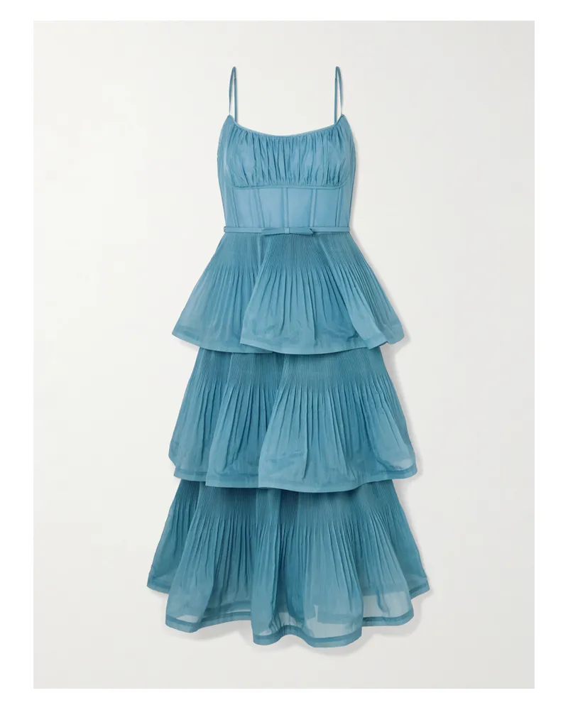 Zimmermann Tiered Pleated Voile Midi Dress - Blue Blue