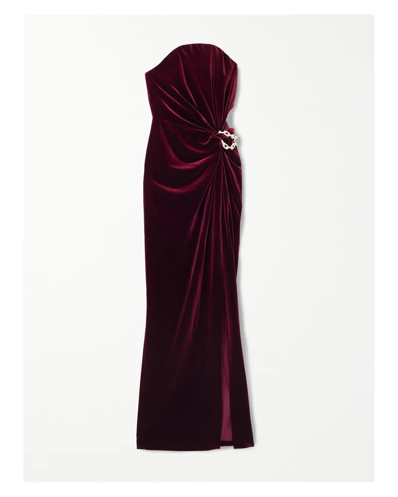 Self-Portrait Trägerloses Maxikleid Aus Samt Mit Raffungen, Cut-out Und Verzierung - Burgunder Burgunder
