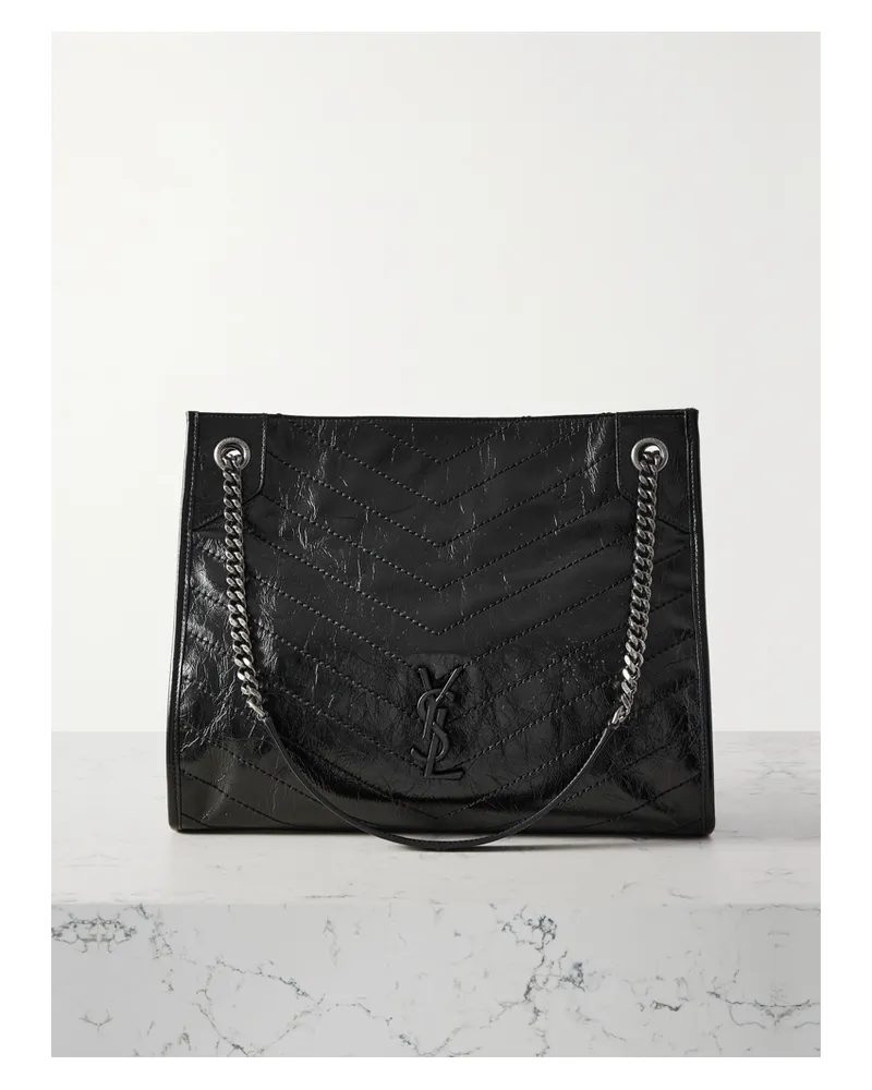 Saint Laurent Niki Medium Quilted Crinkled-leather Tote - Black Black
